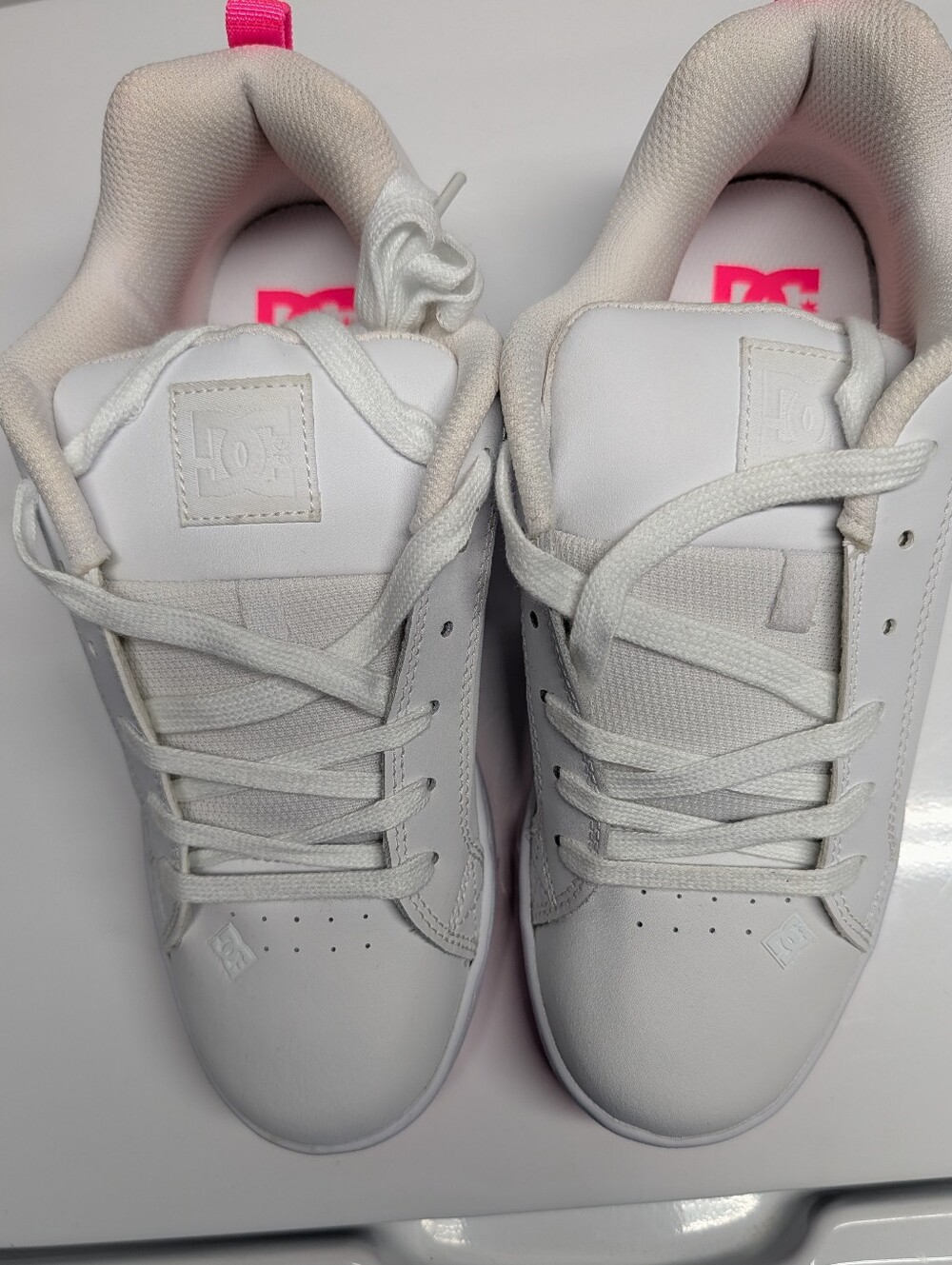 DC White Sneakers with Hot Pink Logo Accent - Picture 3 of 6
